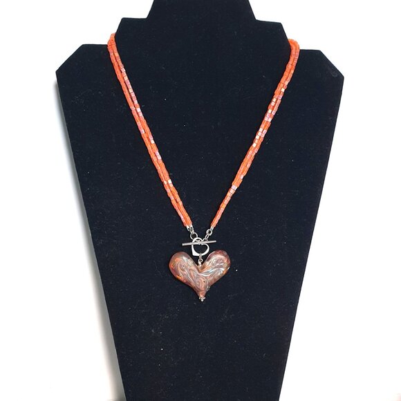 Vintage 1990s Bold Lampwork Art Glass Heart 925 Silver Pendant Necklace - Picture 9 of 14